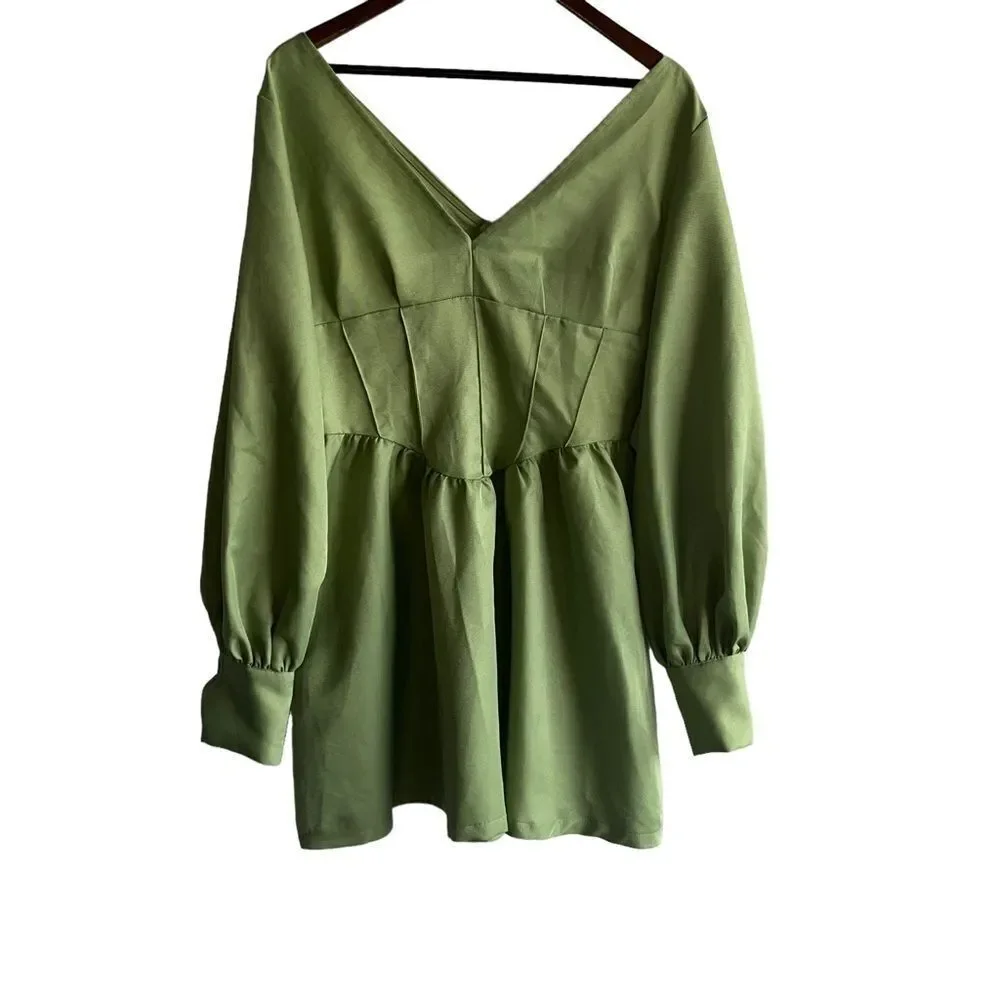 pretty little thing green long sleeve dress Women's Khaki Overlay Detail Long Sleeve Shirt Dress
